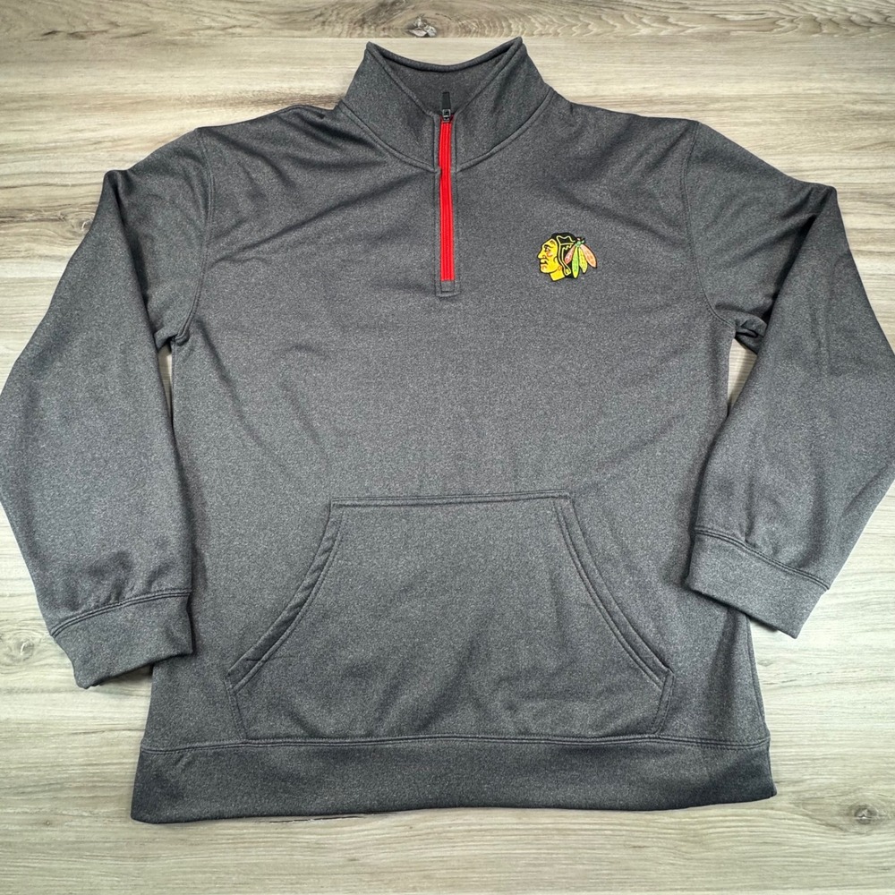 NHL Chicago Blackhawks Mens Large Gray Heather Quarter‎ Zip Fleece Pullover
